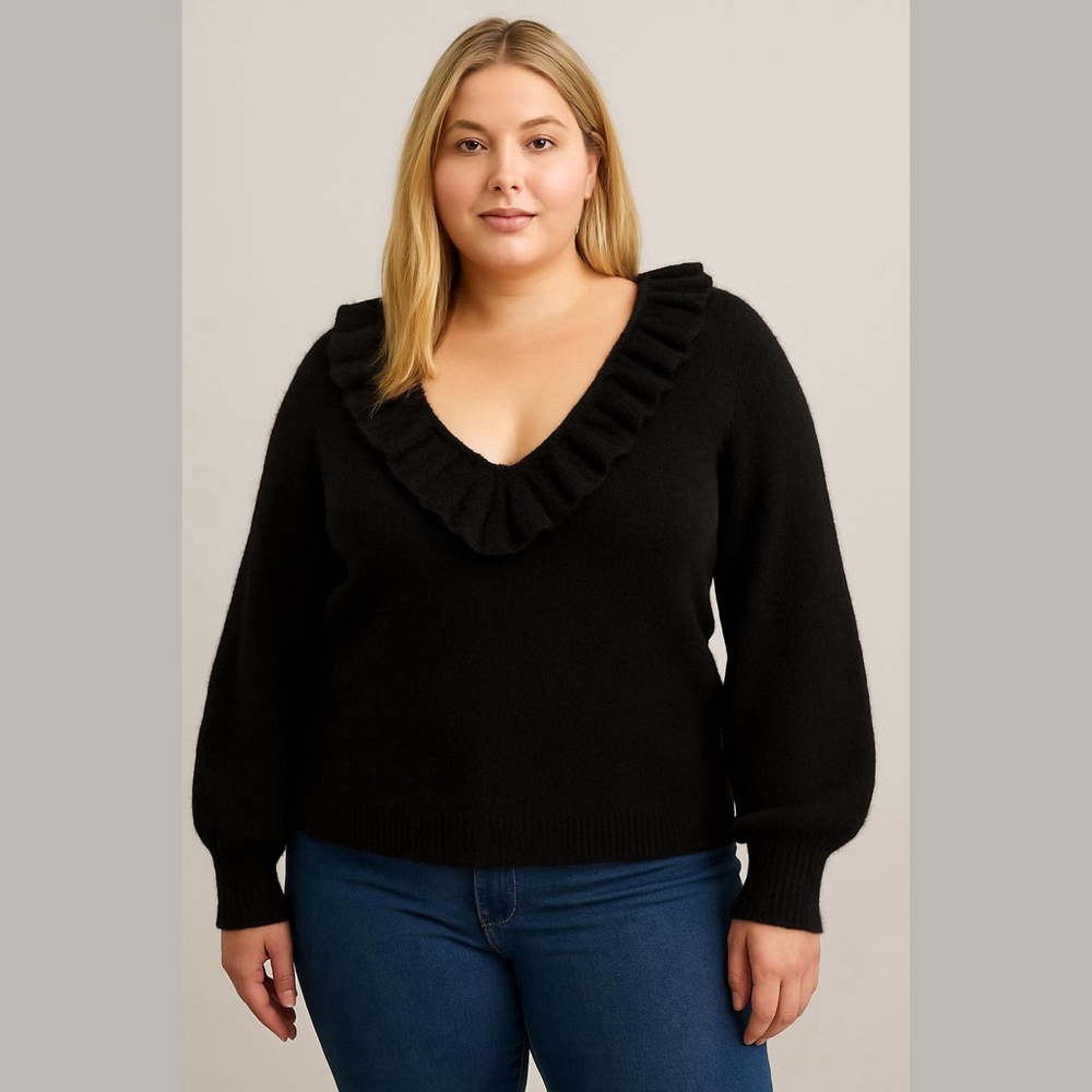 Women's Boden Black Ruffle‎ V-Neck Sweater Plus Size 16